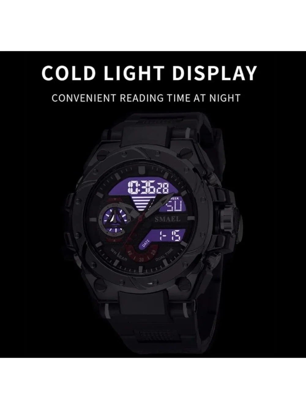 Mens Black And Silver Analog Quartz Sport Waterproof Military LED Digital Watch
